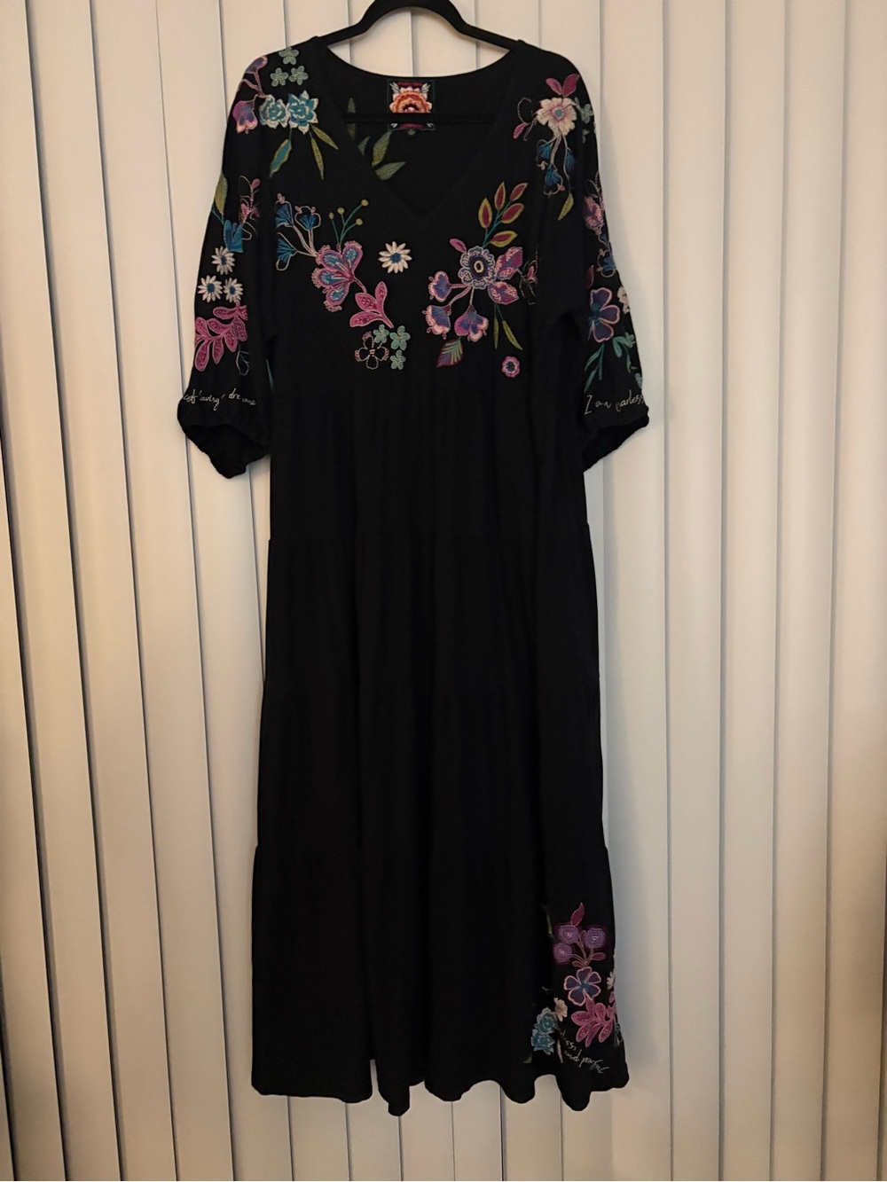 Johnny Was Black Maxi Dress with inspirational Multicolor Floral Embroidery